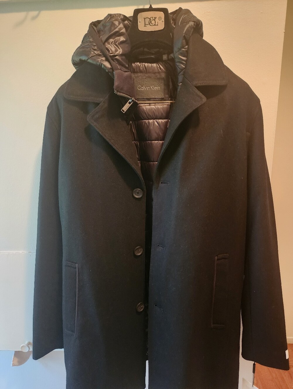 Calvin Klein Men's Black Wool-Blend Overcoat with Quilted Hood